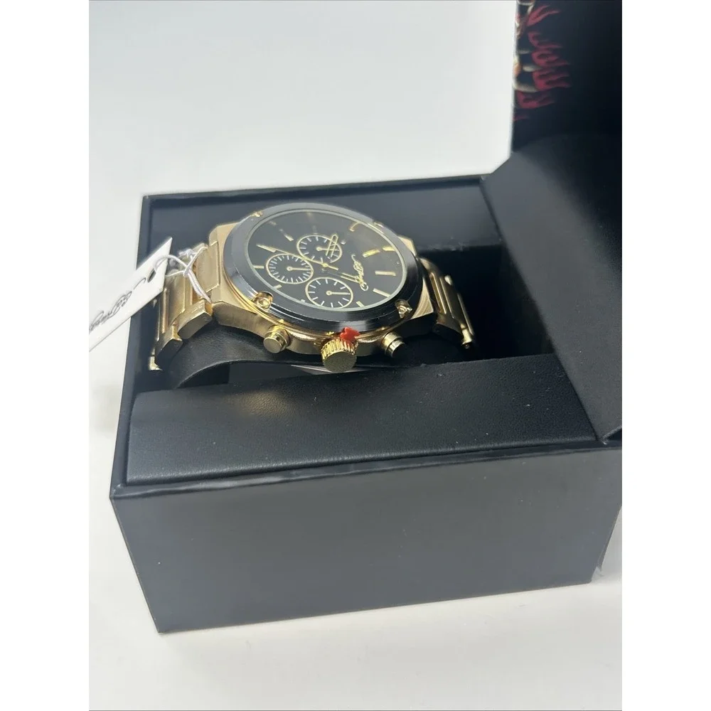 NIB Ed Hardy Men's Gold Tone Chronograph Watch Black Dial ($95 Retail)